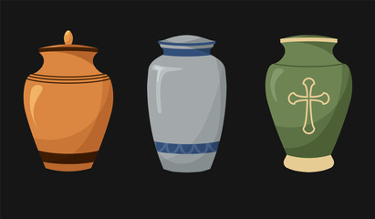 Set of flat design icons of urns for ashes. Cremation and funeral urn with dust. Burial and dead man. Isolated. Vector illustration. - obrazy, fototapety, plakaty