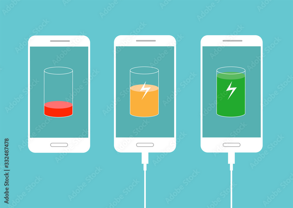 Poster discharged and fully charged battery smartphone. set of battery charge level indicators on a display