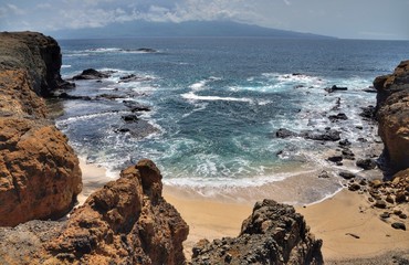 Island of Brava at seas as seen from the tiny islet of Djeu in Cabo  Verde