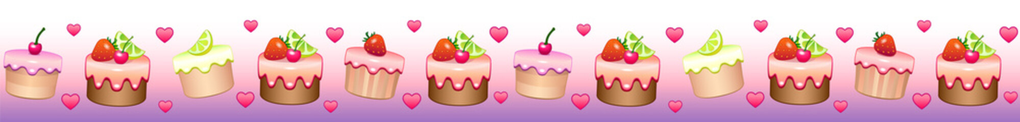 Cupcakes and hearts - vector border of sweets on a pink and purple background. Vector divider with strawberry, lemon and cherry sweet cakes in the icing, as well as small hearts. Decorative tape.
