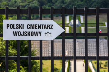 Polish monumental cemetery. The Polish war cemetery at Monte Cassino in Italy. Catholic, Jewish and Orthodox religion. Entrance with signs in Polish on a sign.