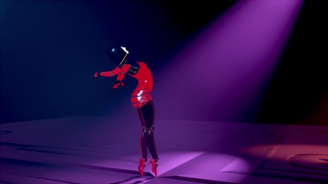 Beautiful cyborg girl dancing ballet on the catwalk in neon light. Artificial Female Android dance. Artificial intelligence, ballet.
