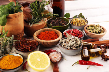 Spices and herbs on table. Food and cuisine ingredients with pepper