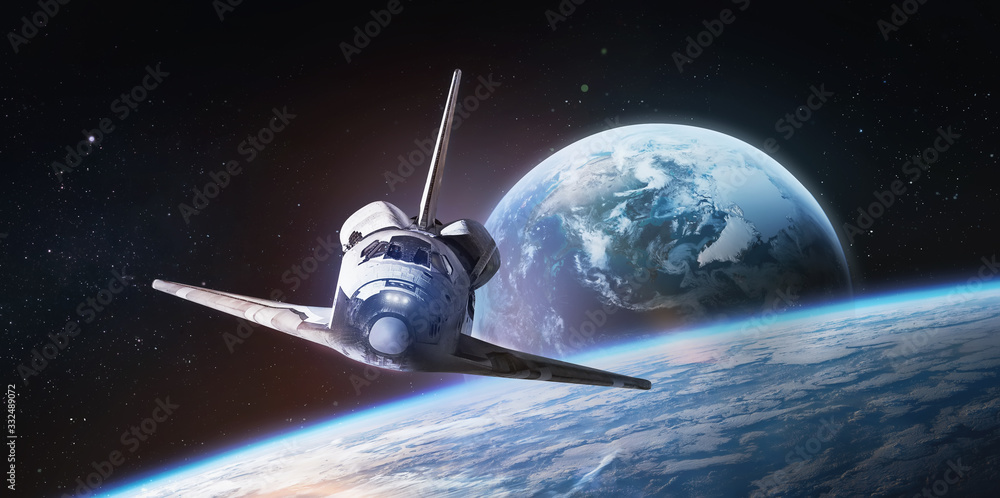Aufkleber Space shuttle on orbit of the Earth. Light and blue planet. View from space station. Elements of this image furnished by NASA