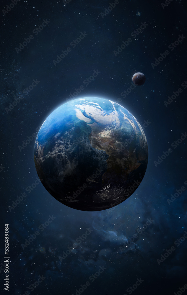 Poster Earth and moon in the space vertical wallpaper. Deep outer cosmos. Elements of this image furnished by NASA