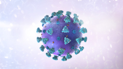 Blue violet virus molecule microscopic detail on abstract bright background. Medical research 3D illustration.