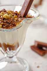 Delicate and delicious dessert. Cream cheese with chocolate and chopped nuts in a glass on a light background