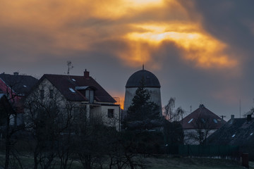 Color blue sky evening after nice sunset in Trebic town in winter