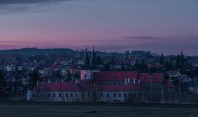 Fototapeta na wymiar Color blue sky evening after nice sunset in Trebic town in winter