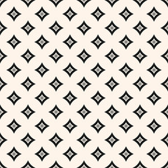 Vector geometric pattern with small diamond shapes, outline rhombuses, stars, curved squares. Abstract modern seamless texture. Black and white repeat background. Geometry design for decor, textile