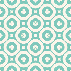 Elegant floral pattern. Vintage ornament in turquoise and beige colors. Abstract geometric texture with small flowers, circles, squares, rounded grid, mesh. Simple repeat background. Decorative design