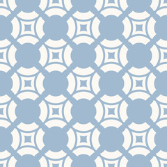 Blue geometric seamless pattern with circular grid. Simple texture in pastel colors, soft blue and white. Retro vintage abstract repeat background. Design for decoration, fabric, ceramic, cover, cloth