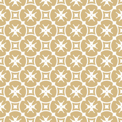 Vector golden floral seamless pattern. Luxury geometric background with flower shapes, crosses, stars, repeat tiles. Simple abstract oriental texture. White and gold ornament. Expensive design