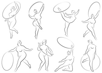 Collection. Gymnastics. Silhouette of a girl with a hoop. The woman is overweight, a large body. The girl is full figured. Vector illustration set.