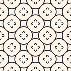Vector monochrome seamless pattern, floral tiling geometric texture with simple flower silhouettes in circular lattice. Abstract repeat background. Design element for decor, textile, fabric, furniture