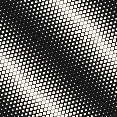 Vector seamless pattern. Monochrome background with halftone effect, diagonal gradient transition. Abstract geometric texture with small rounded shapes, repeat tiles. Stylish contemporary dark design