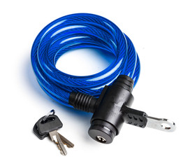 Steel cable lock for bicycle anti-theft security. Isolated white background.