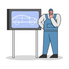 Car Factory Production Manufacturing Process Concept. Cheerful Engineer Or Technician In Uniform Is Standing Near Car Blueprint On The Screen. Cartoon Linear Outline Flat Style. Vector Illustration