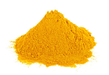 Turmeric powder pile isolated on a white background. Curcuma.