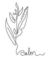 Simple Line vector floral illustration. Black flower with leaves and a hand-written word calm. Tranquility and calmness 