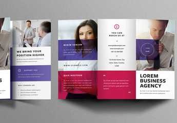 Business Trifold Brochure Layout with Red and Purple Overlays