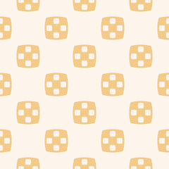Vector abstract seamless pattern. Simple rustic style design in light yellow and white colors. Retro vintage texture. Minimal geometric repeat background with round shapes, square, circles, cookies