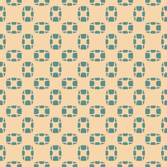 Vector geometric seamless pattern. Abstract mosaic texture. Ornamental background in teal and beige colors. Ornament with small ovate shapes, crosses, grid, net, repeat tiles. Retro vintage design