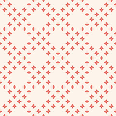 Vector geometric floral seamless pattern. Subtle abstract minimal texture with small flowers in diagonal grid. Retro vintage style ornament. Red terracotta and beige colored background. Repeat design