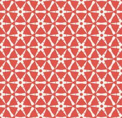 Vector abstract geometric seamless pattern with hexagonal grid, flower silhouettes, snowflakes, net, triangles, lattice, repeat tiles. Red and beige colored background. Simple ornamental texture