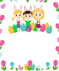 Obraz premium Smiling children rejoice near decorative multi-colored eggs. Web banner, invitation card to the Easter tradition of the egg hunter. The design is decorated with tulips and crocuses.