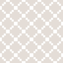 Subtle beige and white vector geometric ornament. Delicate seamless pattern with squares, jagged shapes, grid, repeat tiles. Ornamental ethnic motif. Simple abstract background. Folk texture design
