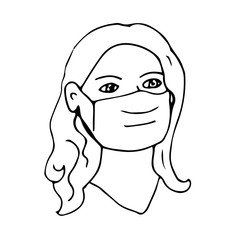 Head of a girl or woman with long hair in a medical mask. Doodle hand-drawn in the style of outlines isolated on a white background. Vector sketch on the theme of pandemic and virus protection.