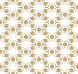 Golden vector seamless pattern. Stylish abstract geometric white and gold background. Delicate linear texture with grid, thin lines, triangles, hexagons, floral figures. Luxury vintage repeat design
