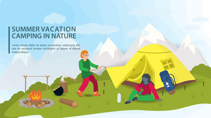 Banner for the design of a summer camping in nature a girl sits near a tourist tent that a guy sets up against the background of mountains flat vector illustration
