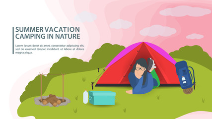 Banner for the design of summer camping in nature a girl lies in a tourist tent on a green lawn flat vector illustration