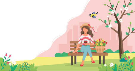 Obraz na płótnie Canvas Woman sitting on the bench with spring flowers in basket. Cute vector illustration in flat style.