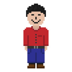 Obraz premium Cheerful pixel man. Front view. Vector graphic illustration. Isolated object on a white background. Isolate.