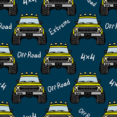Yellow SUVs monster truck isolated on blue background. Baby seamless pattern. Front view. Hand drawn vector graphic drawing. Texture. © far700