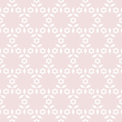 Subtle geometric seamless pattern. Cute vector minimalist texture with small stars, floral shapes, leaves. Abstract background in soft pastel colors, light pink and white. Minimal repeating design