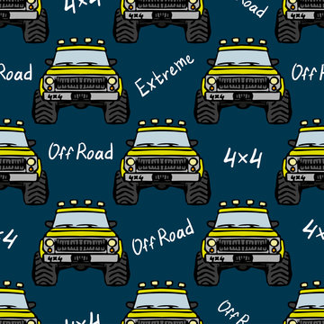 Yellow SUVs monster truck isolated on blue background. Baby seamless pattern. Front view. Hand drawn vector graphic drawing. Texture.