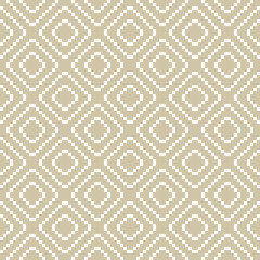 Vector golden geometric traditional seamless pattern. Fair isle ornament. Folk ethnic motif. Simple texture with small squares, crosses, rhombuses, embroidery. Gold and white color. Repeat background