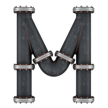 Letter M from cast iron pipes, 3D rendering