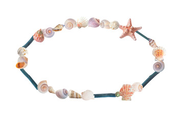 Seashells and driftwood oval frame on white background