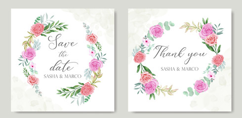 Fototapeta na wymiar Wedding card template with beautiful watercolor floral wreath