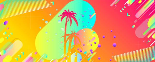 Naklejka na ściany i meble Bright palm trees summer backgrounds colorful 3d holiday vector illustration. Comfortable background graphic design poster flyer leaflet party