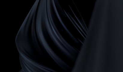 Beautiful stylish black background with developing, flying cloth. Black background with drapery and...