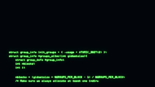 Programming code running down a computer screen terminal. 4K