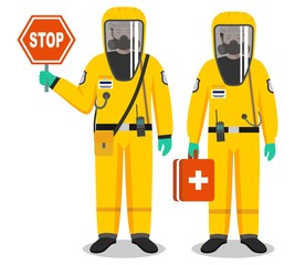 Medical concept. Couple of doctors man and woman standing together in protective suits and masks. Virus, infection, epidemic, quarantine. Dangerous profession. Vector illustration.