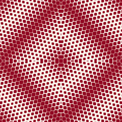 Vector halftone geometric seamless pattern with small shapes, curved lines, spots. Colorful background with radial gradient transition effect in square form. Burgundy and beige texture. Repeat design