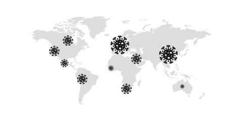 Coronavirus on on the world map in China, Europe, USA, Africa, Australia and in many other countries